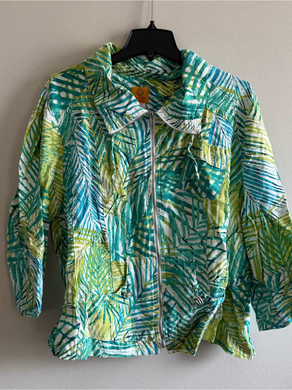 Vintage Linen Blend Tropical Leaf Zip Jacket Teal & Lime Woman Size M